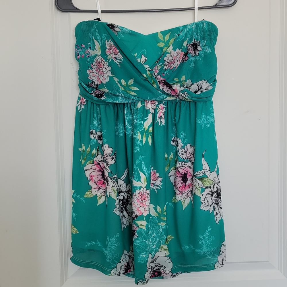 Torrid Aqua Floral Mesh Strapless Twisted Babydoll Tube Top